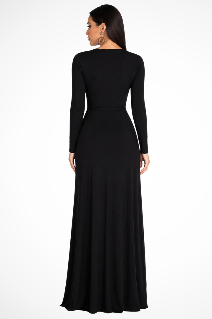 Chic burgundy long sleeve V-neck maxi dress with a sophisticated side slit for special occasions.