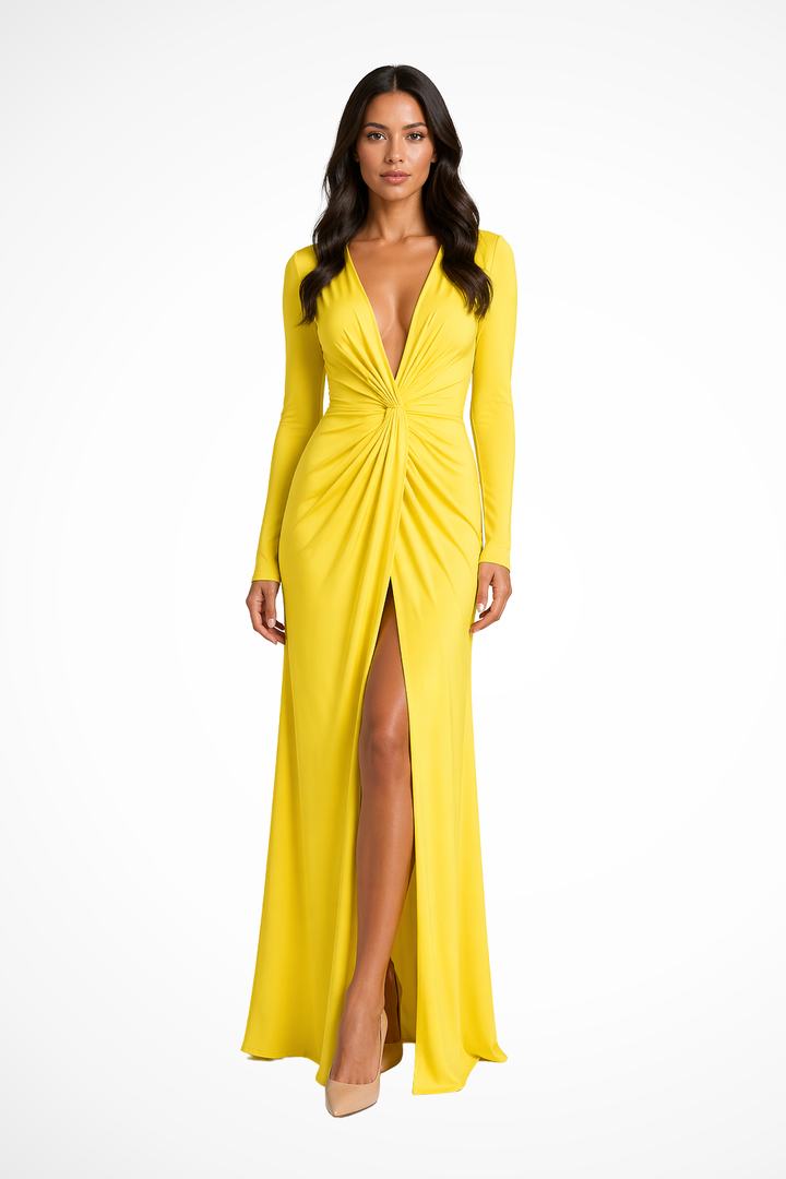 Stylish women's V-neck long sleeve formal dress. A flowing maxi design with a graceful side slit.