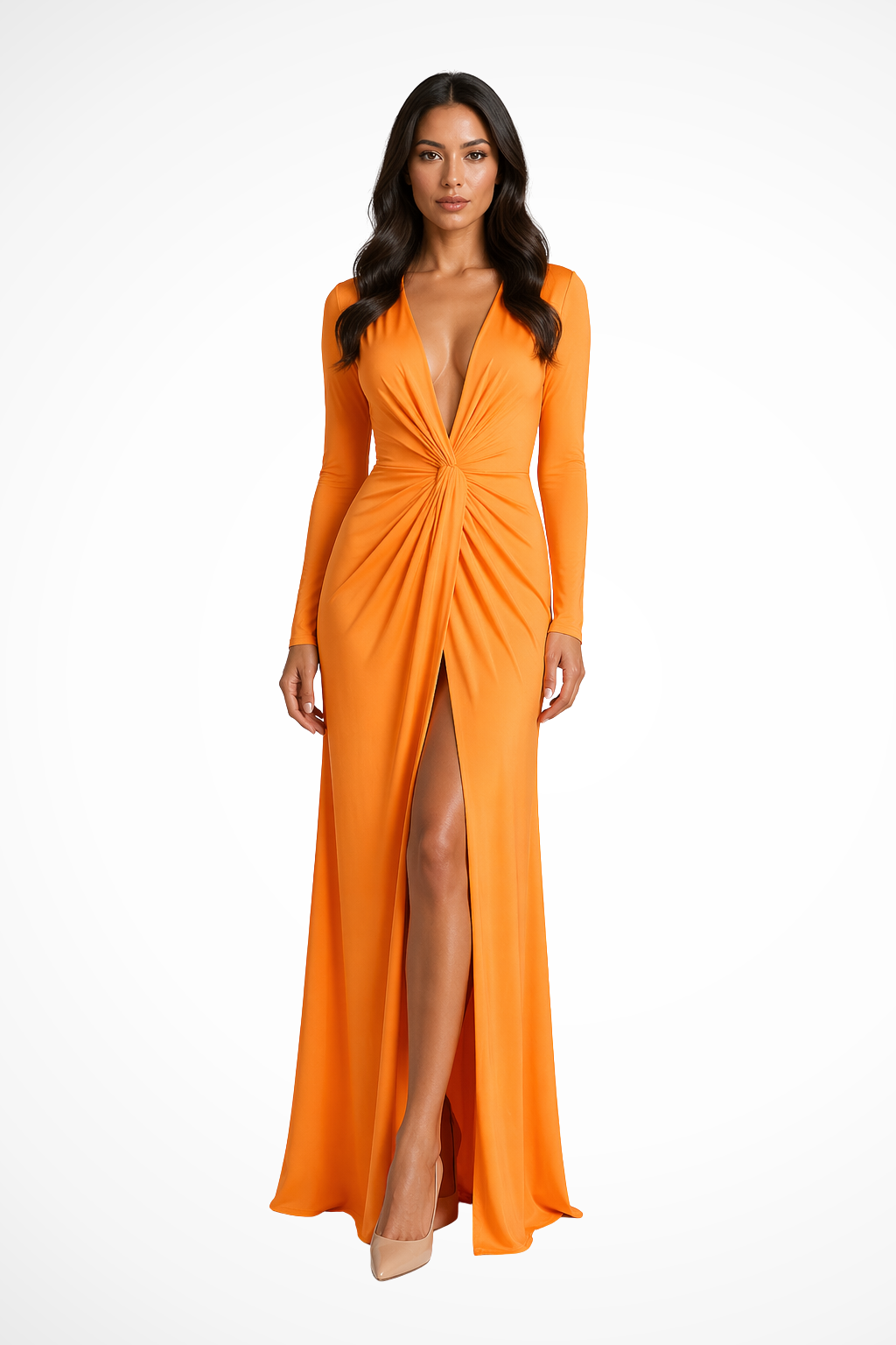 Luxurious black long sleeve V-neck maxi dress, an ideal evening gown or wedding guest attire.