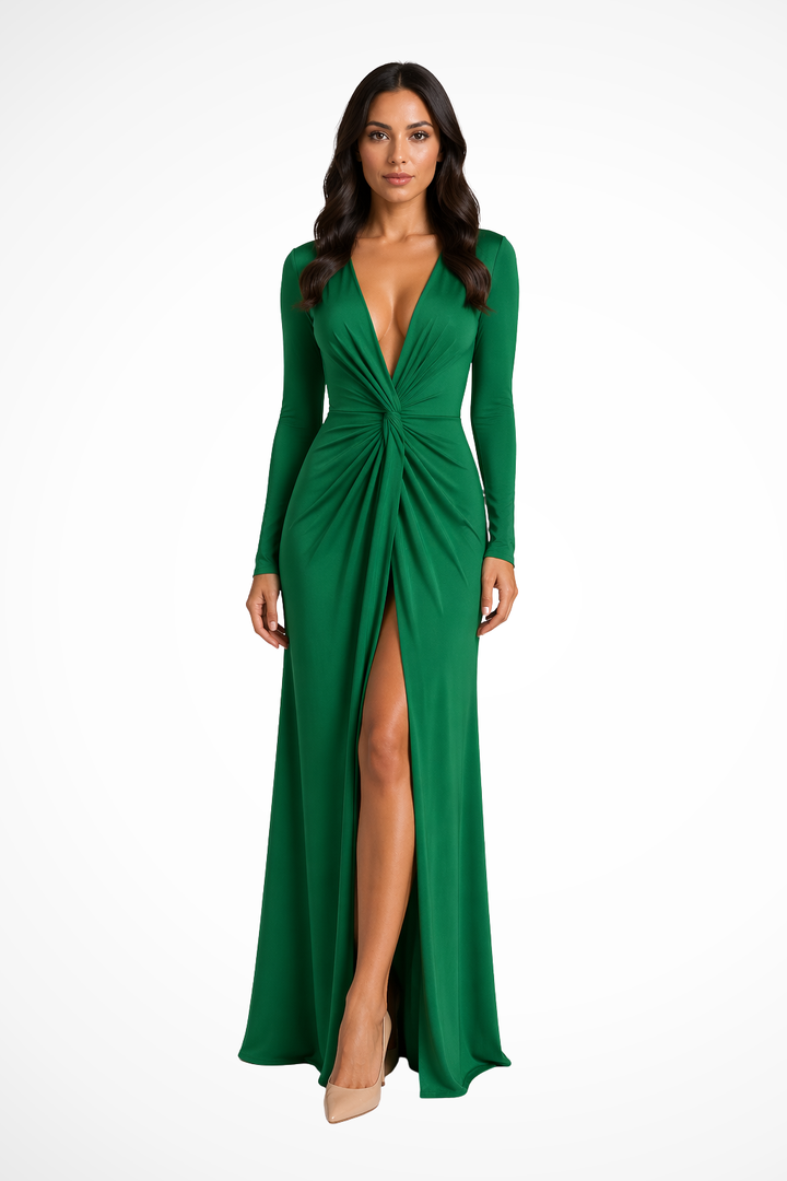 Modern women's special occasion maxi dress with a flattering V-neck, long sleeves, and high slit.