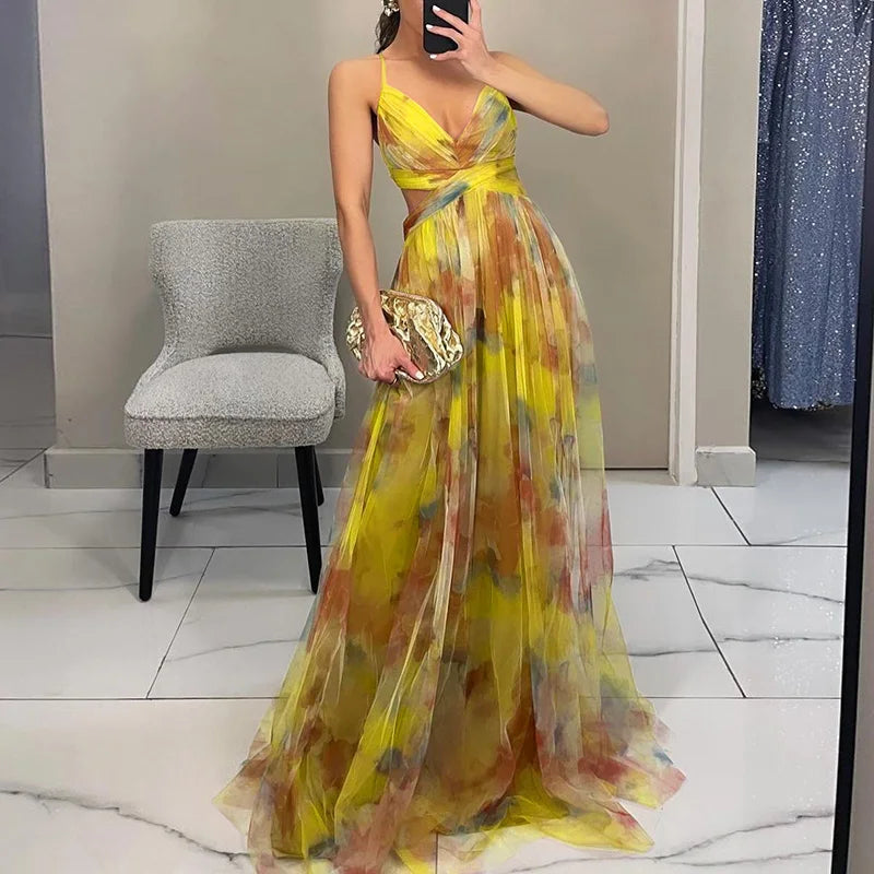 Elegant V-neck sleeveless maxi dress, women's long flowing skirt, chic and comfortable.