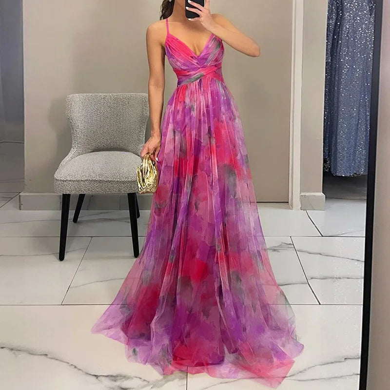 Summer V-neck maxi dress for women, elegant flowing skirt, watercolor print, ladies fashion.