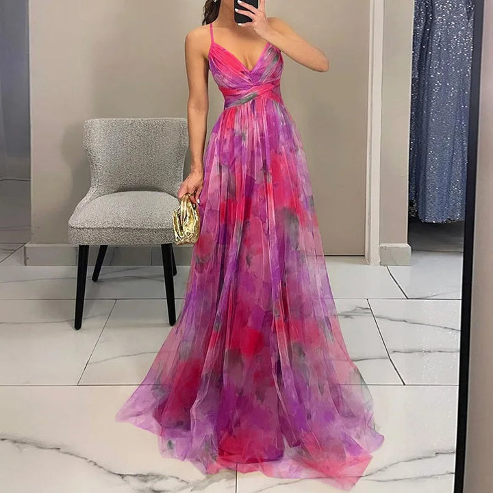 Summer V-neck maxi dress for women, elegant flowing skirt, watercolor print, ladies fashion.