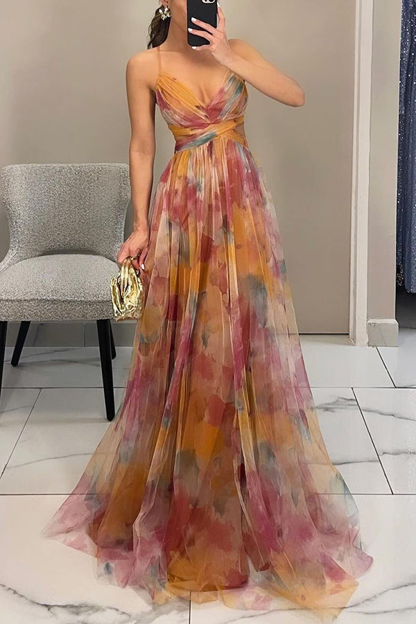 Ladies V-neck maxi dress, elegant flowing skirt, chic watercolor print, perfect summer attire.