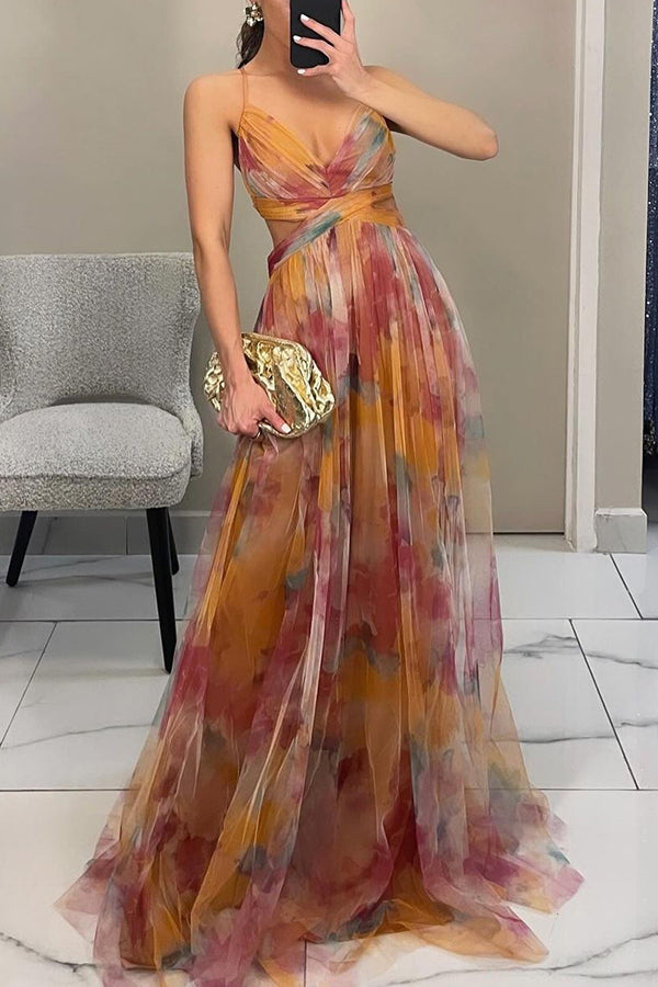 Sleeveless V-neck maxi dress for women, elegant flowing skirt, ideal for evening wear.