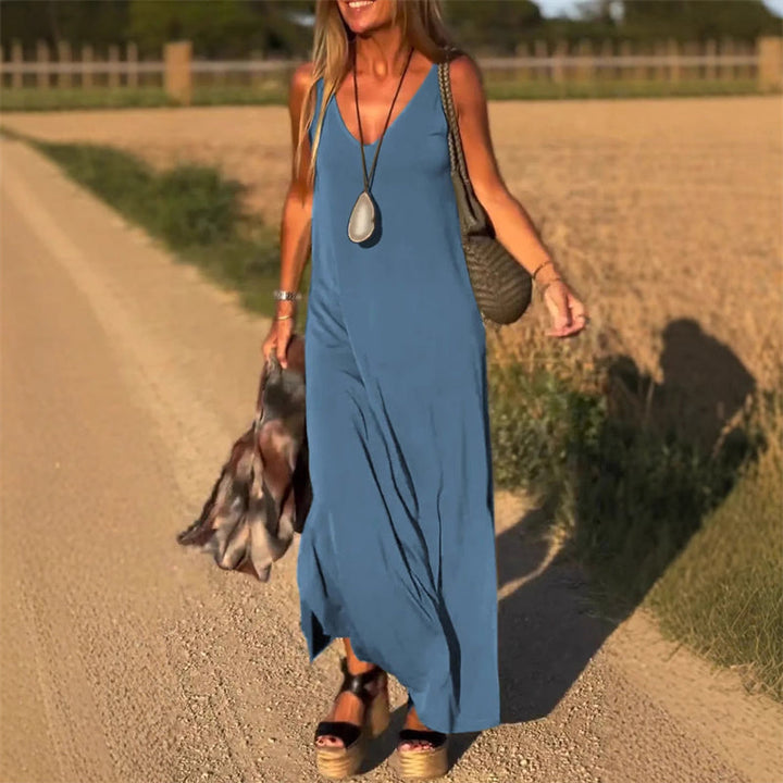 Flowy elegant women's maxi dress with V-neck, a chic long dress for summer parties.