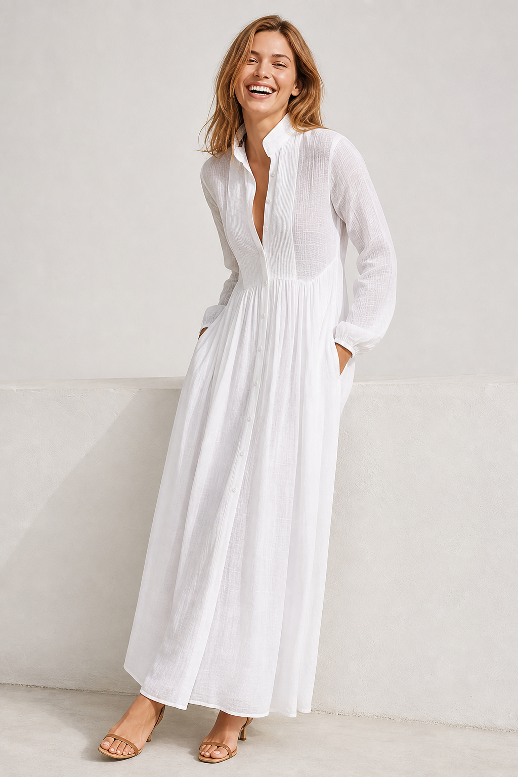 Elegant V-neck maxi dress for women with stylish balloon sleeves. Perfect for spring & summer.