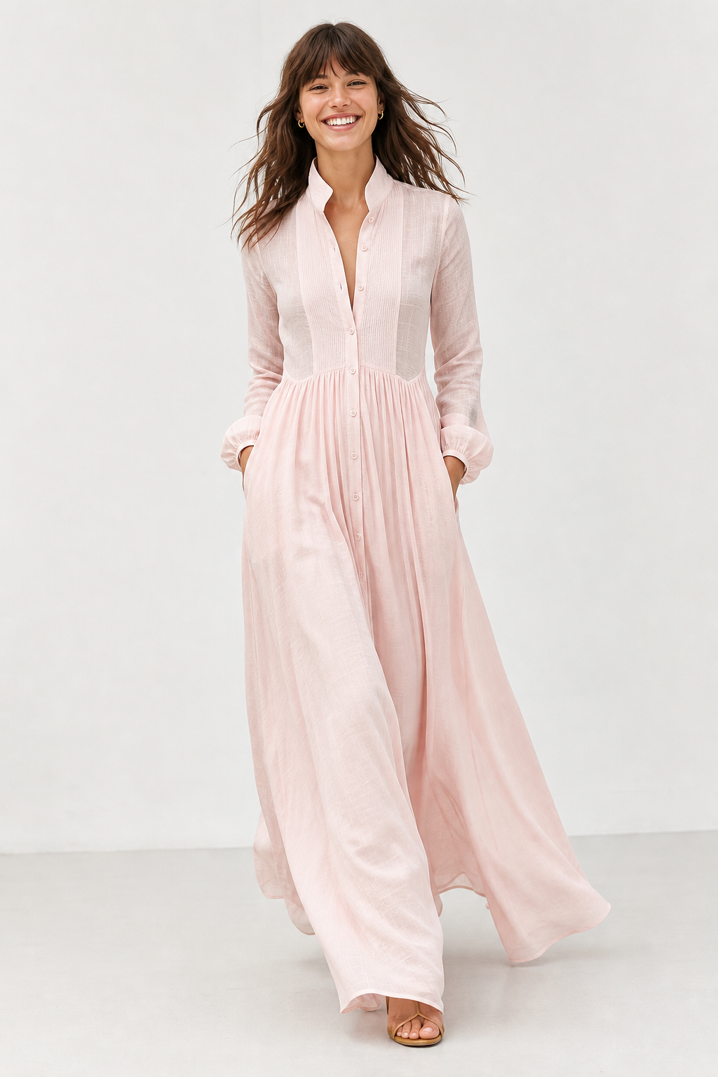 Beautiful V-neck maxi dress for women featuring elegant balloon sleeves. Versatile for seasons.