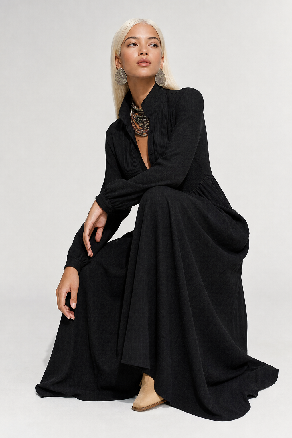 Women's A-line maxi dress, V-neck, long balloon sleeves, relaxed fit for ultimate comfort.