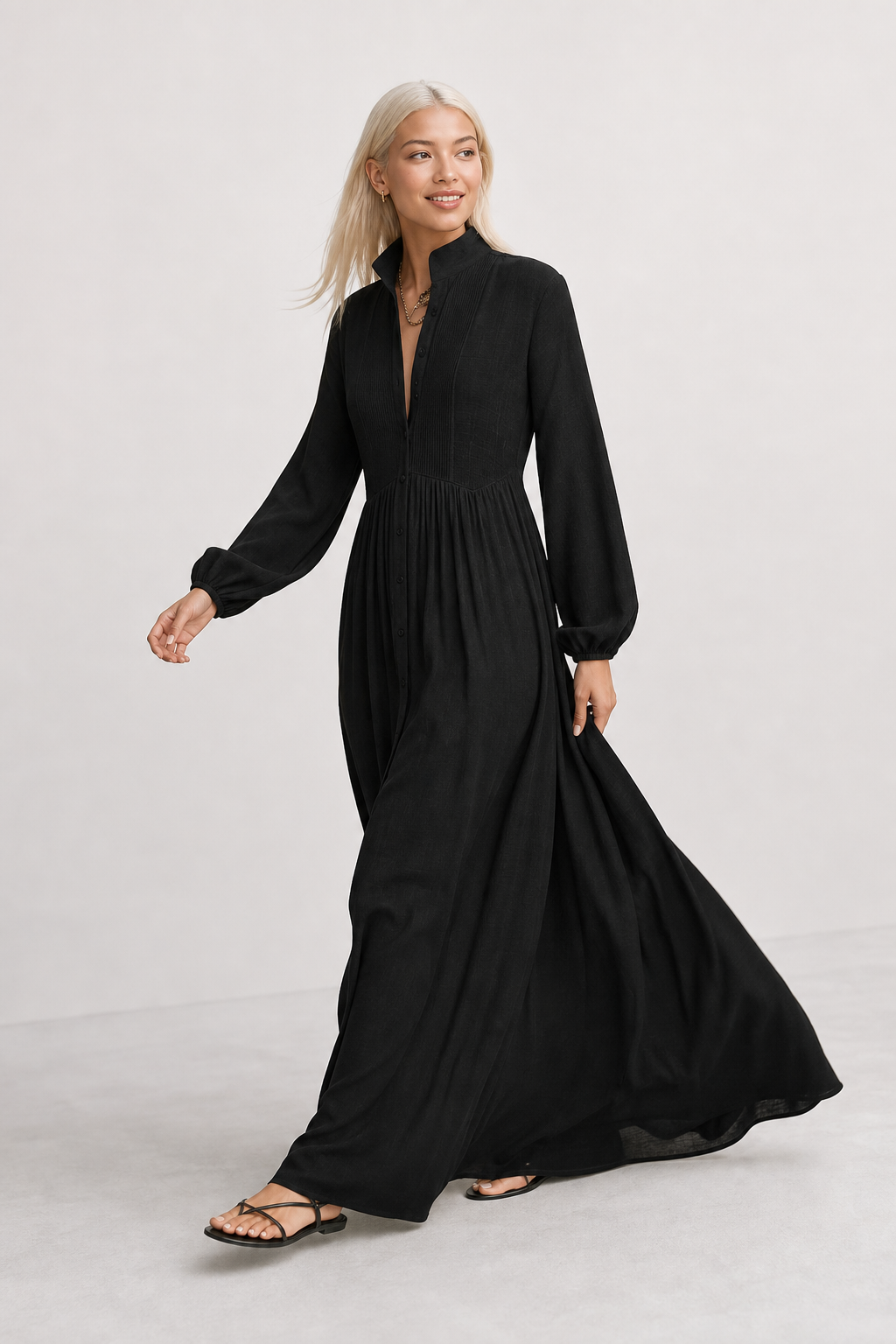 Chic V-neck maxi dress, women's, with elegant balloon sleeves. Perfect for a refined casual look.