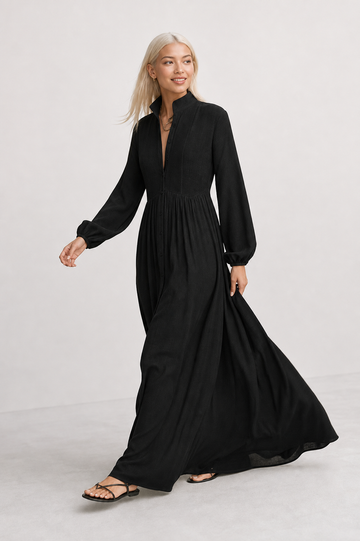 Chic V-neck maxi dress, women's, with elegant balloon sleeves. Perfect for a refined casual look.