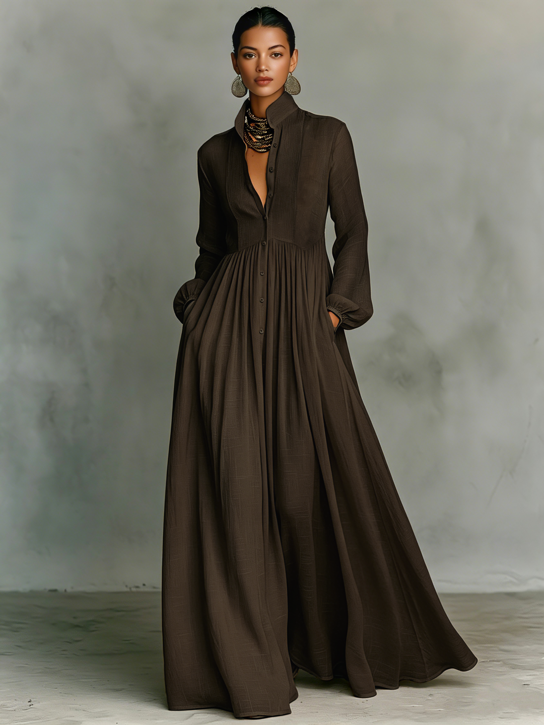 Women's relaxed fit V-neck maxi dress, long balloon sleeves. A perfect blend of comfort & style.