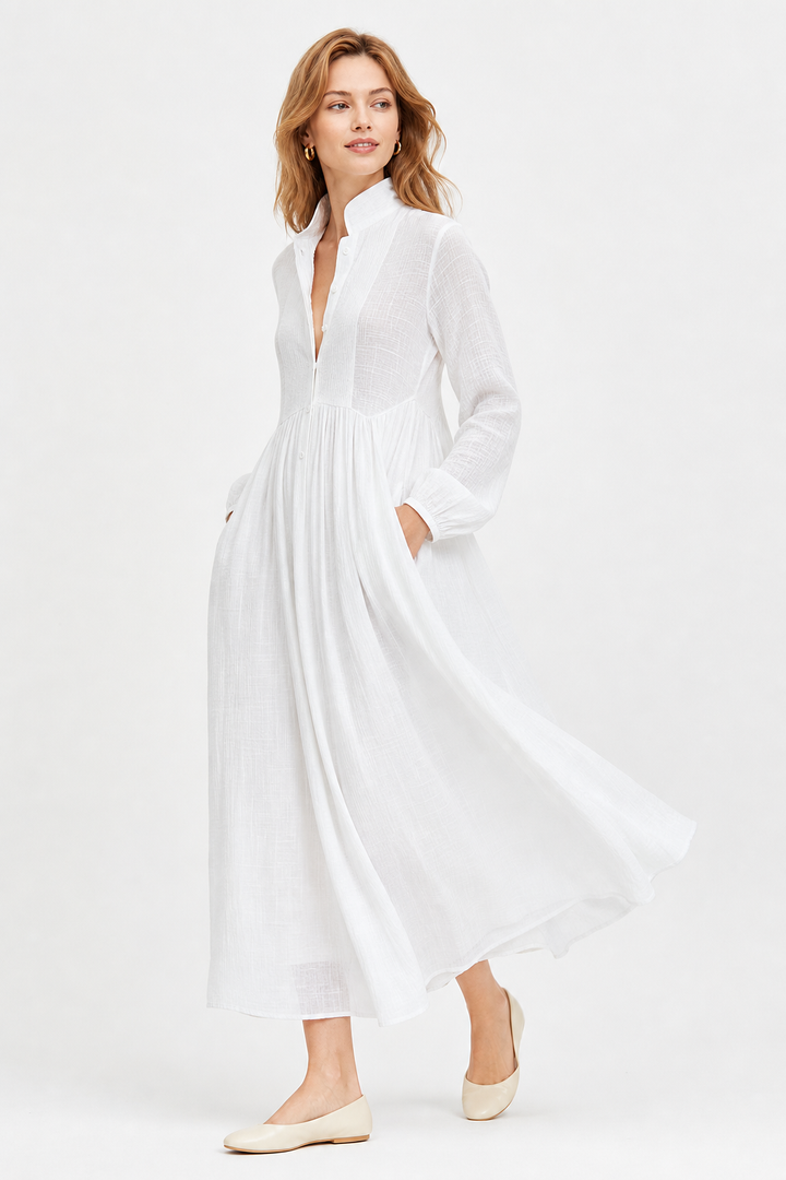 Women's relaxed fit maxi dress, V-neck, long balloon sleeves. Comfortable for everyday wear.
