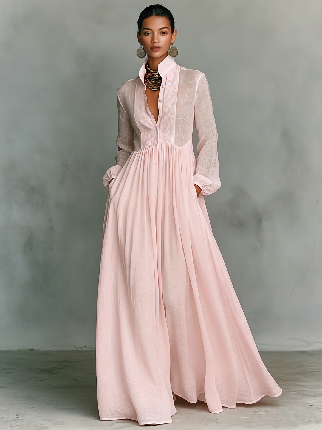 Versatile women's maxi dress, V-neck, balloon sleeves, A-line. Great for any occasion.