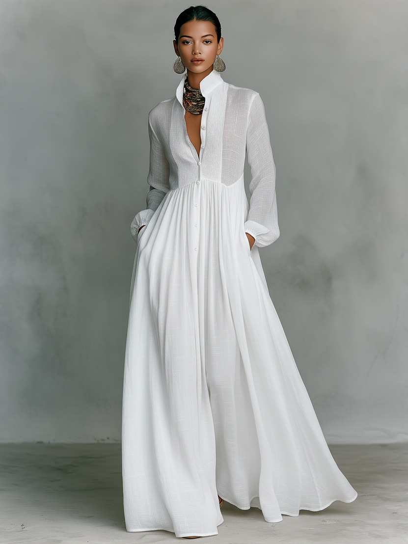 Women's everyday V-neck maxi dress, relaxed fit, long balloon sleeves. Simple yet elegant.