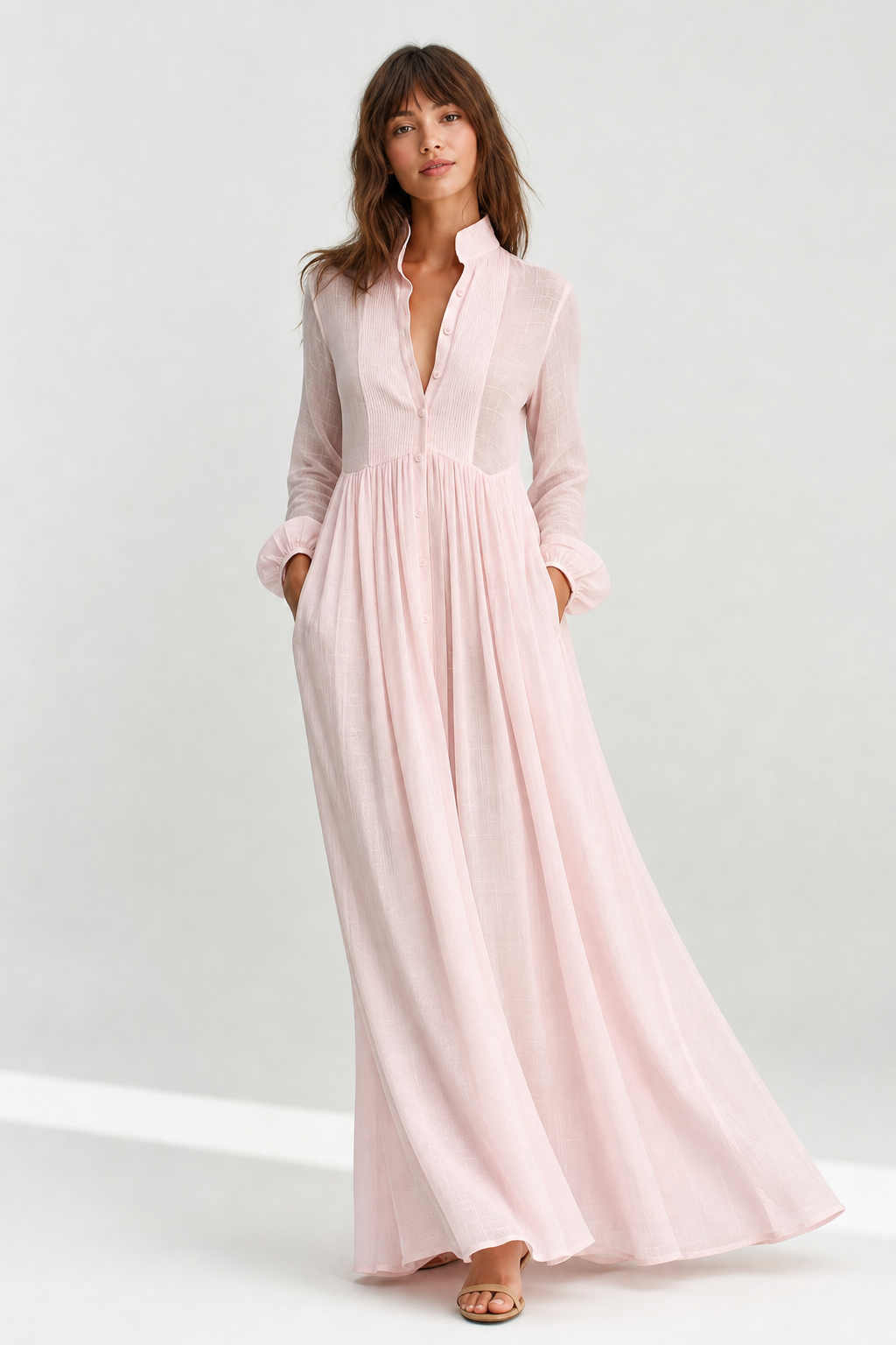 Chic women's V-neck maxi dress with unique balloon sleeves, ideal for fall fashion.