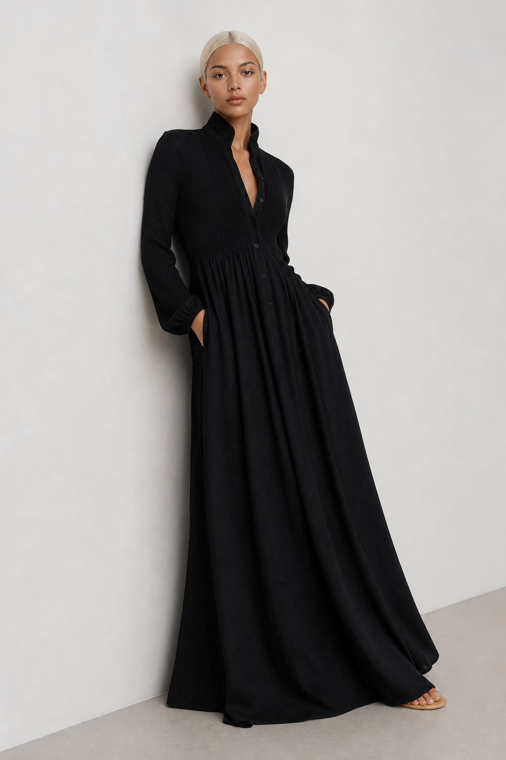 Stylish women's maxi dress, V-neck, elegant balloon sleeves. A versatile wardrobe essential.