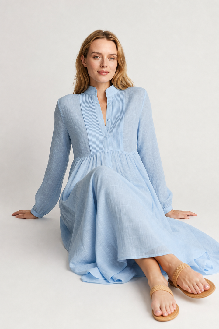 Relaxed fit women's long sleeve maxi dress with a flattering V-neck and balloon sleeves.