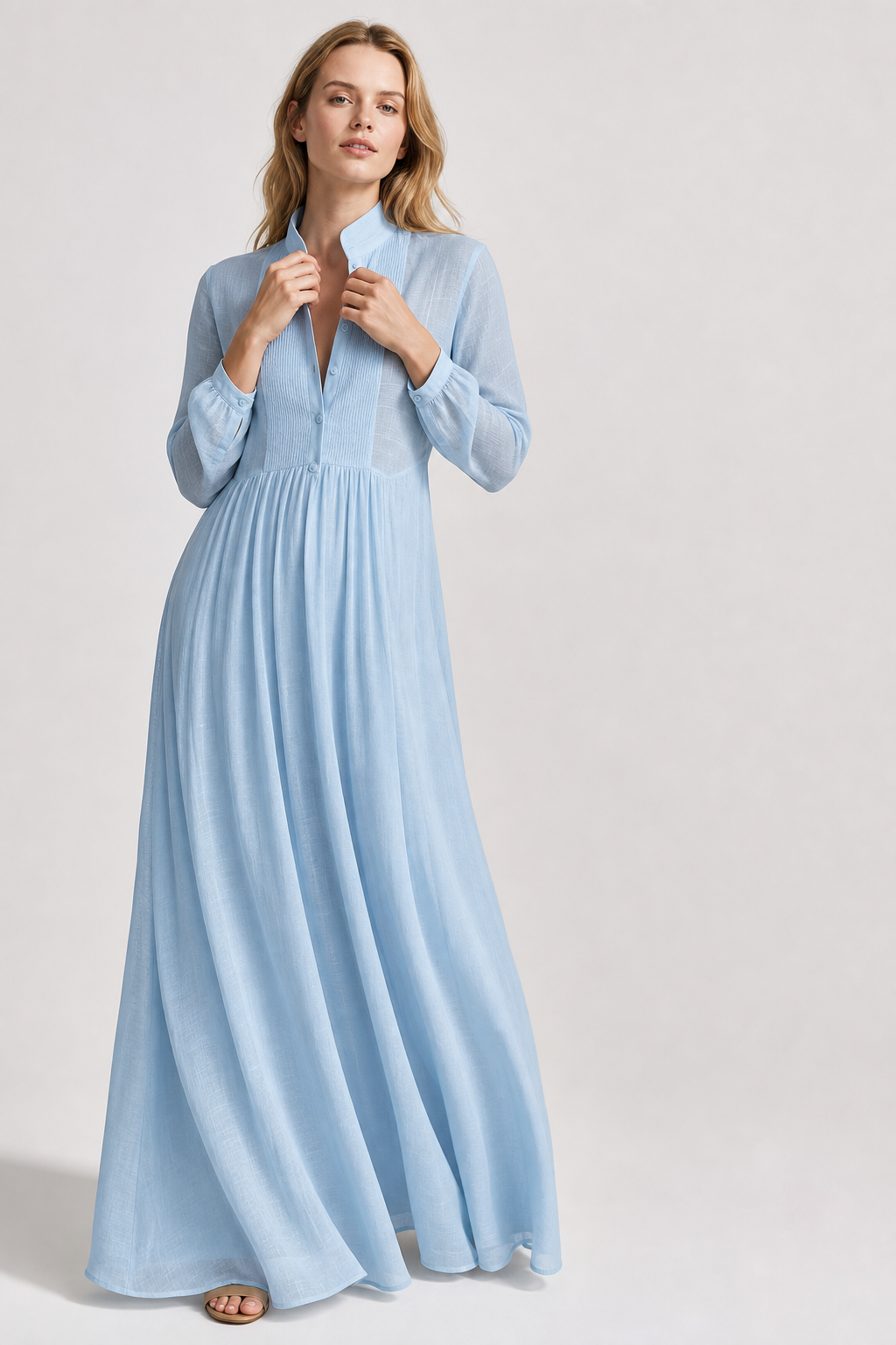 Women's spring fashion V-neck maxi dress, long balloon sleeves, A-line cut.