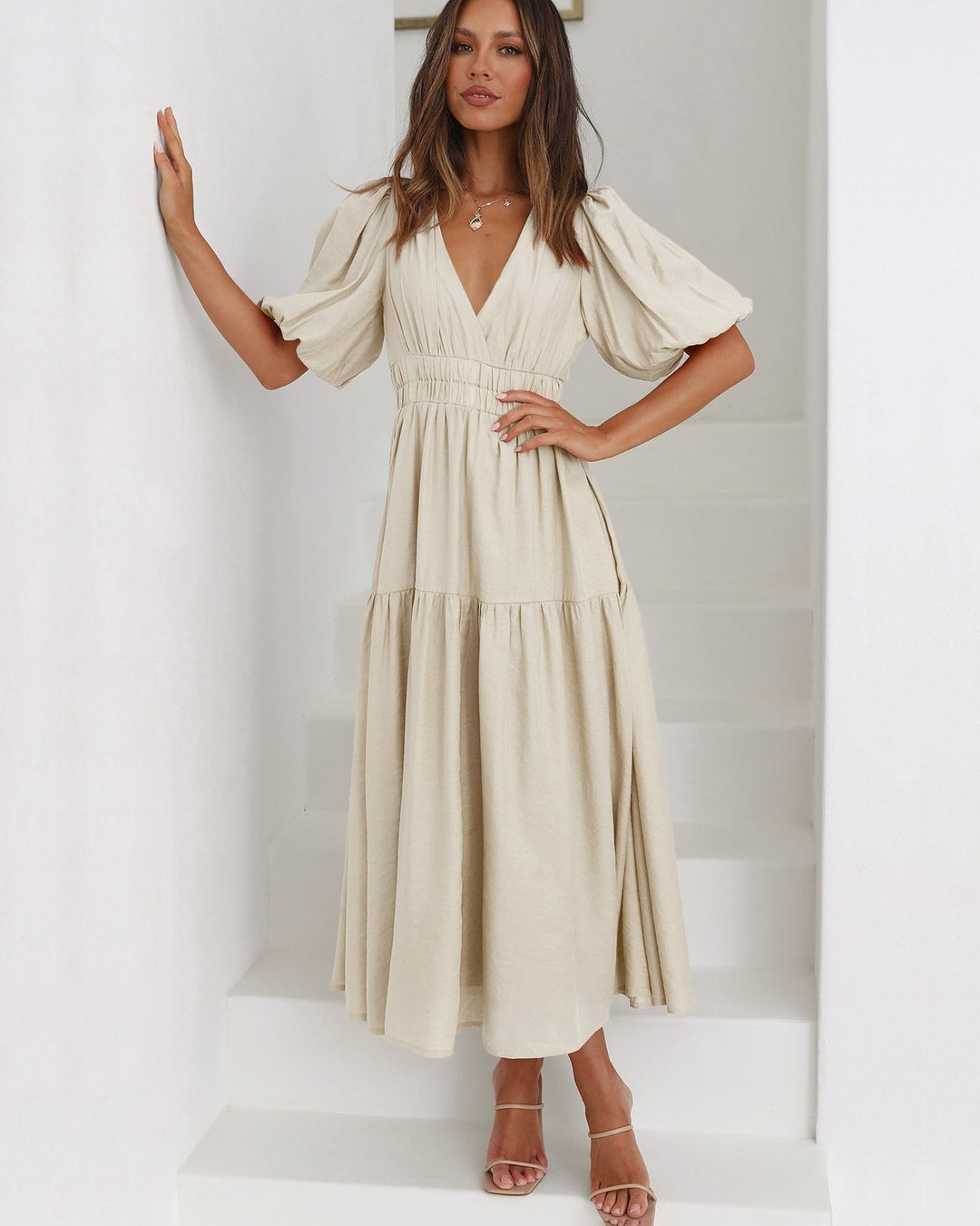 Flattering V-neck midi dress with stylish puff sleeves and comfortable smocked waist, women's fashion.