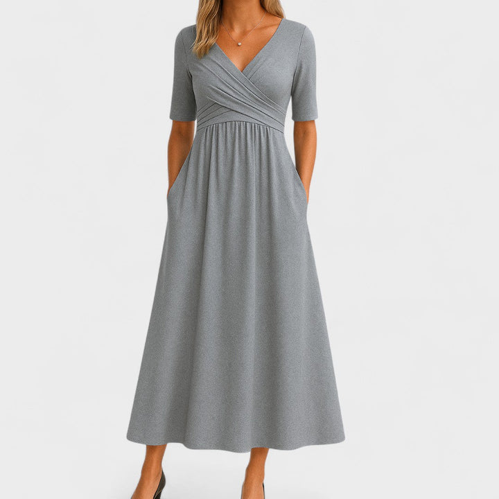 Elegant V-neck midi dress for women with a flattering fit. Perfect for parties & formal occasions.