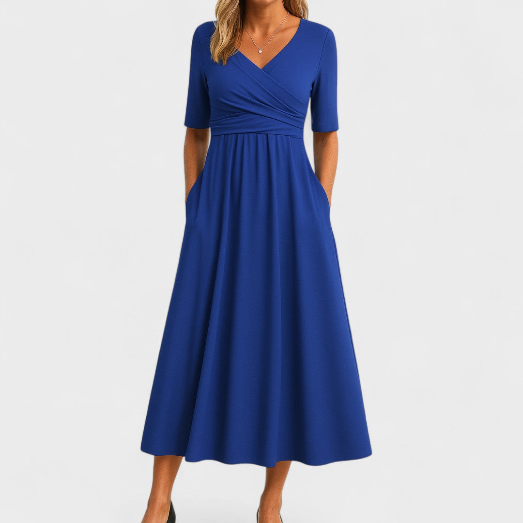 Women's formal V-neck midi dress in black. Elegant party wear with a flattering, comfortable fit.