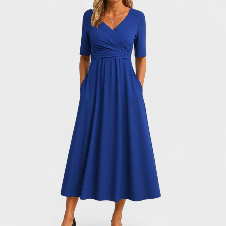 Women's formal V-neck midi dress in black. Elegant party wear with a flattering, comfortable fit.