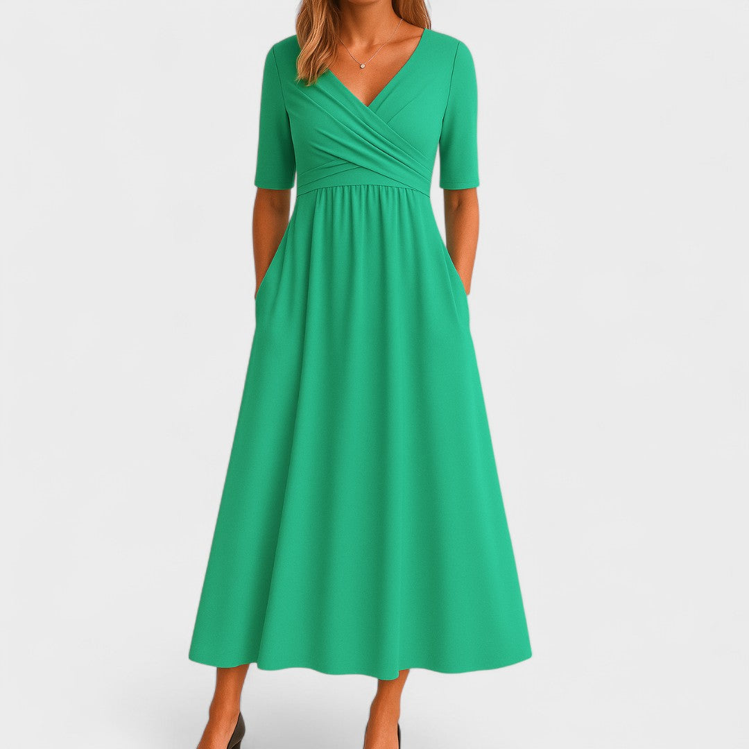 Versatile red V-neck midi dress. Elegant women's fashion for any occasion, with a flattering silhouette.