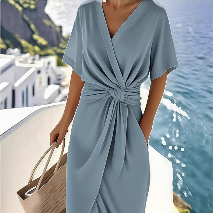 Chic women's summer midi wrap dress featuring a flattering V-neck and stylish side slit.