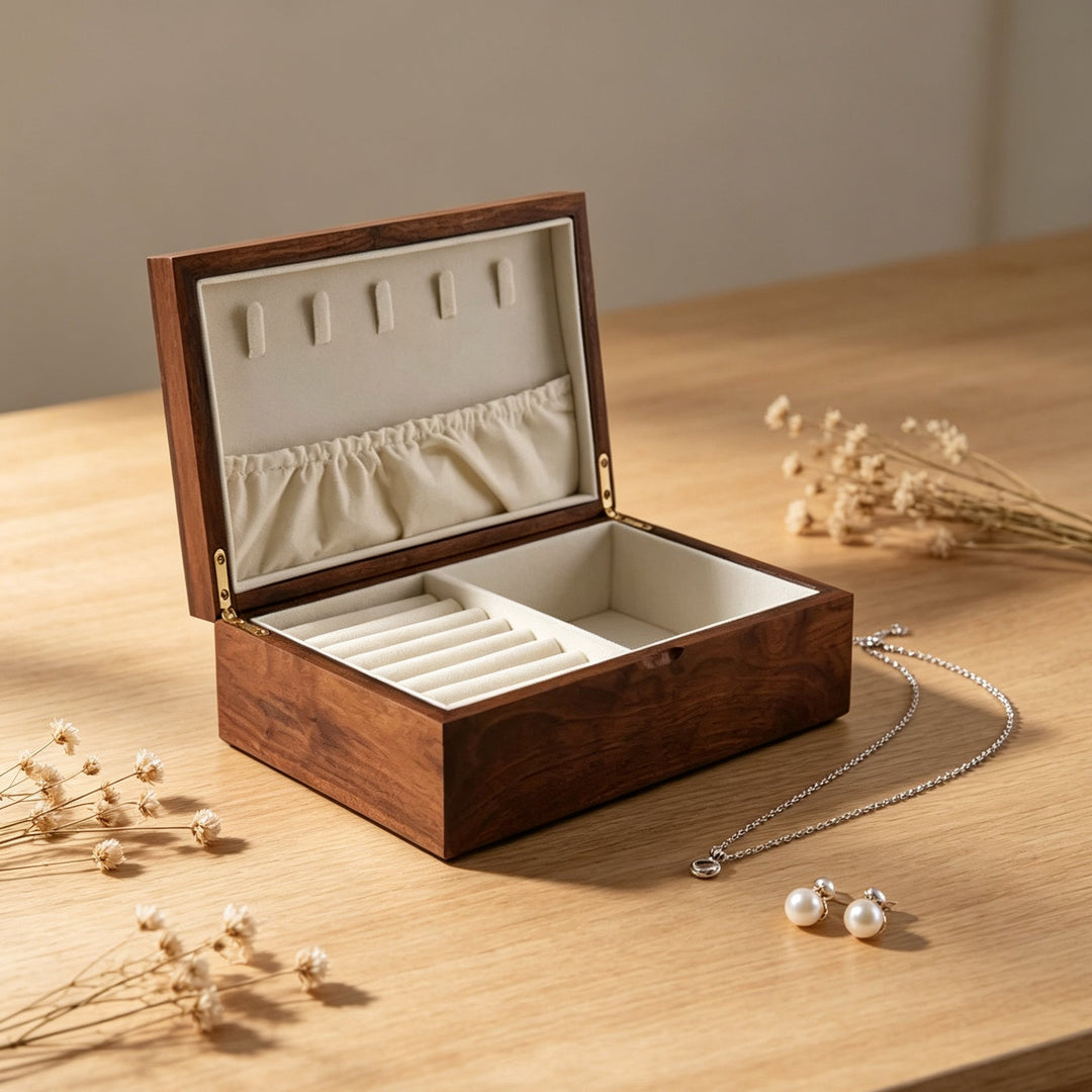 Dark walnut wood jewelry box, an elegant storage solution with a soft velvet lining.