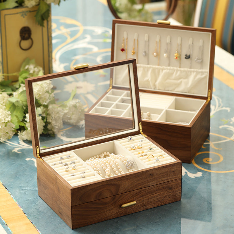 Premium walnut wood jewelry organizer with velvet interior for watches, rings & accessories.