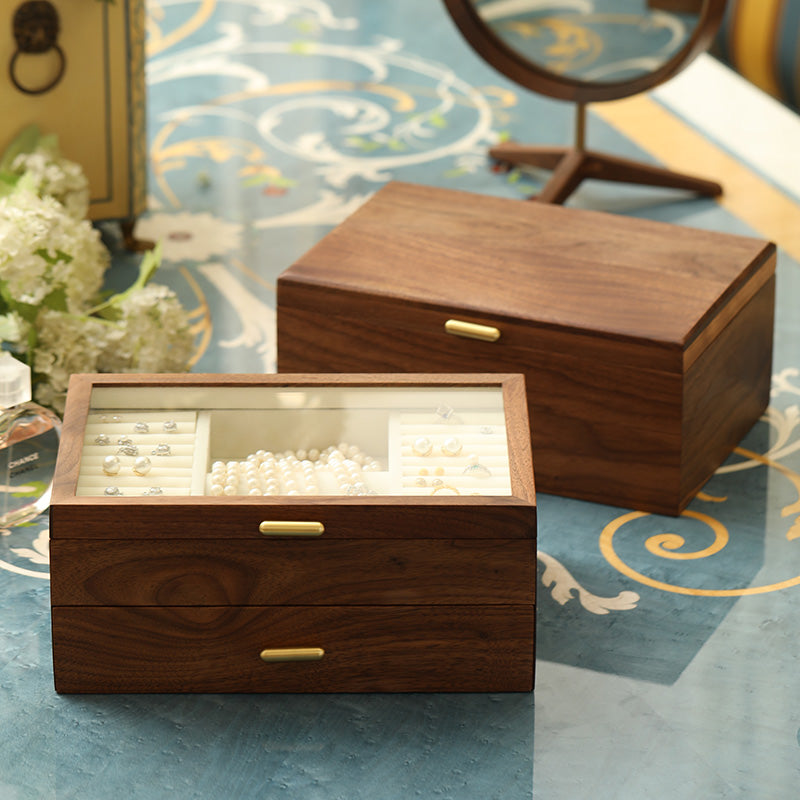 Unisex walnut wood jewelry box. Elegant storage solution with protective velvet lining.