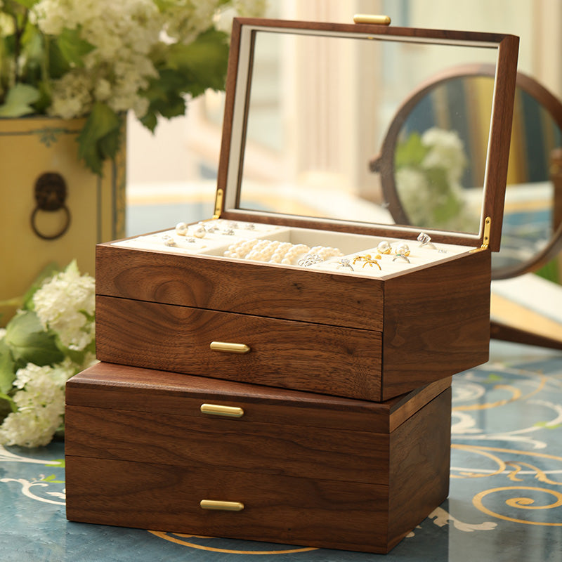 Beautiful walnut wood jewelry gift box, ideal for organizing rings, necklaces & earrings.