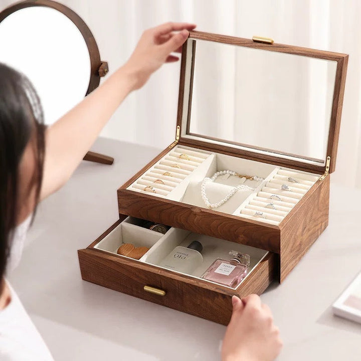 Handcrafted walnut wood jewelry storage chest, velvet-lined for ultimate protection.