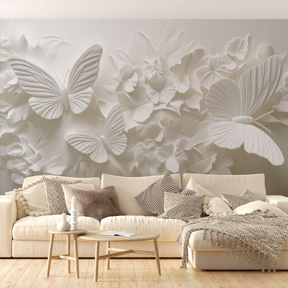 Elegant white 3D floral butterfly wall mural wallpaper. Self-adhesive peel & stick for beautiful home decor.