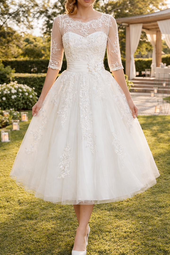 Elegant white A-line midi wedding dress for women. Embellished bridal gown, perfect for special occasions.