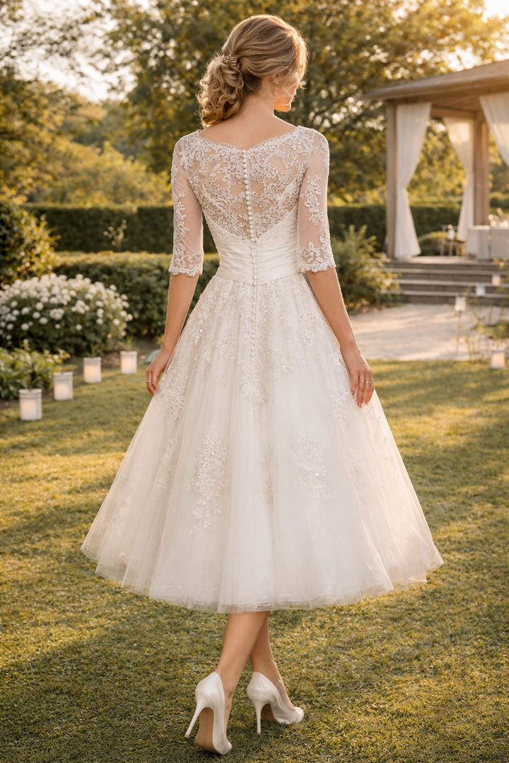 Embellished A-line midi wedding dress. Elegant white bridal gown for women, ideal for formal events.