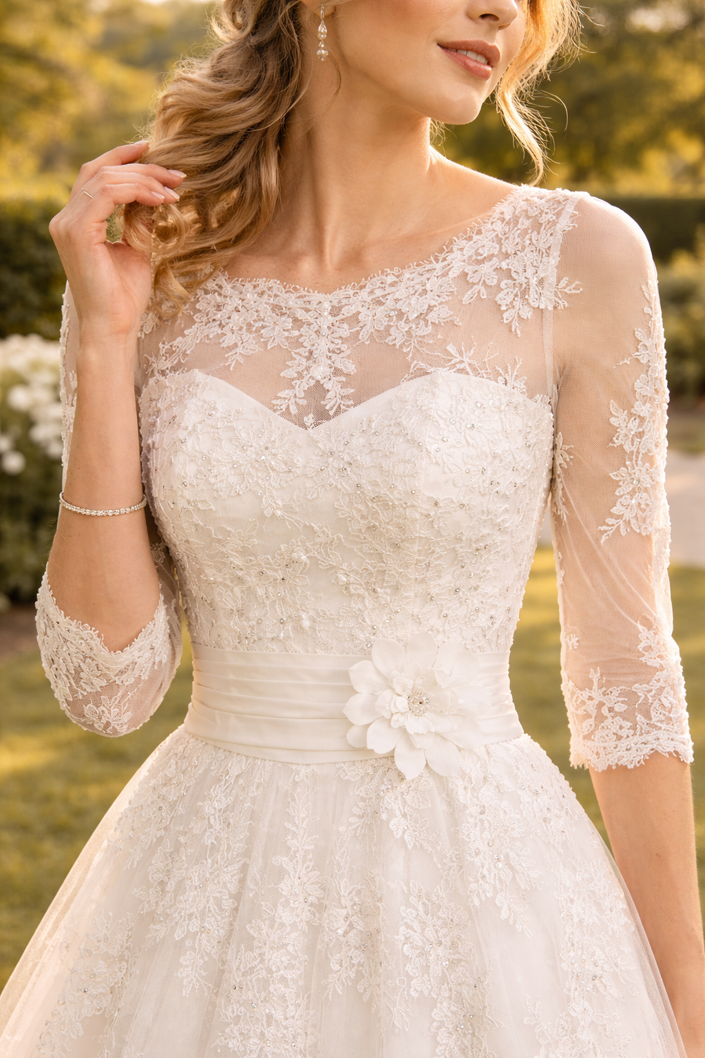 Women's elegant embellished A-line midi wedding dress. White bridal gown for sophisticated special occasions.