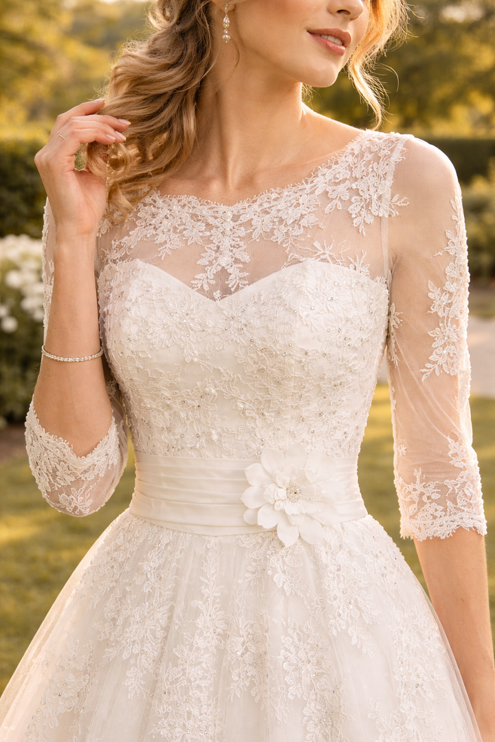 Women's elegant embellished A-line midi wedding dress. White bridal gown for sophisticated special occasions.
