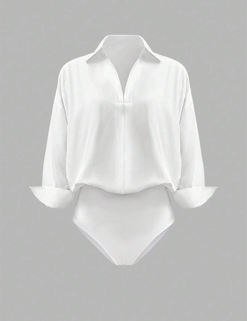Chic long sleeve yellow bodysuit with a draped collar, perfect for a modern, polished look.