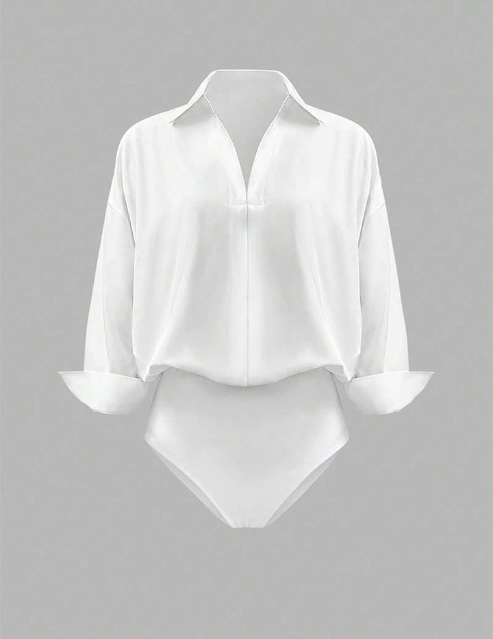 Chic long sleeve yellow bodysuit with a draped collar, perfect for a modern, polished look.