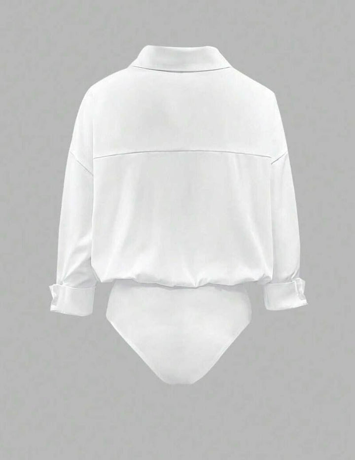Khaki long sleeve women's bodysuit featuring a stylish draped collar, elegant for any occasion.
