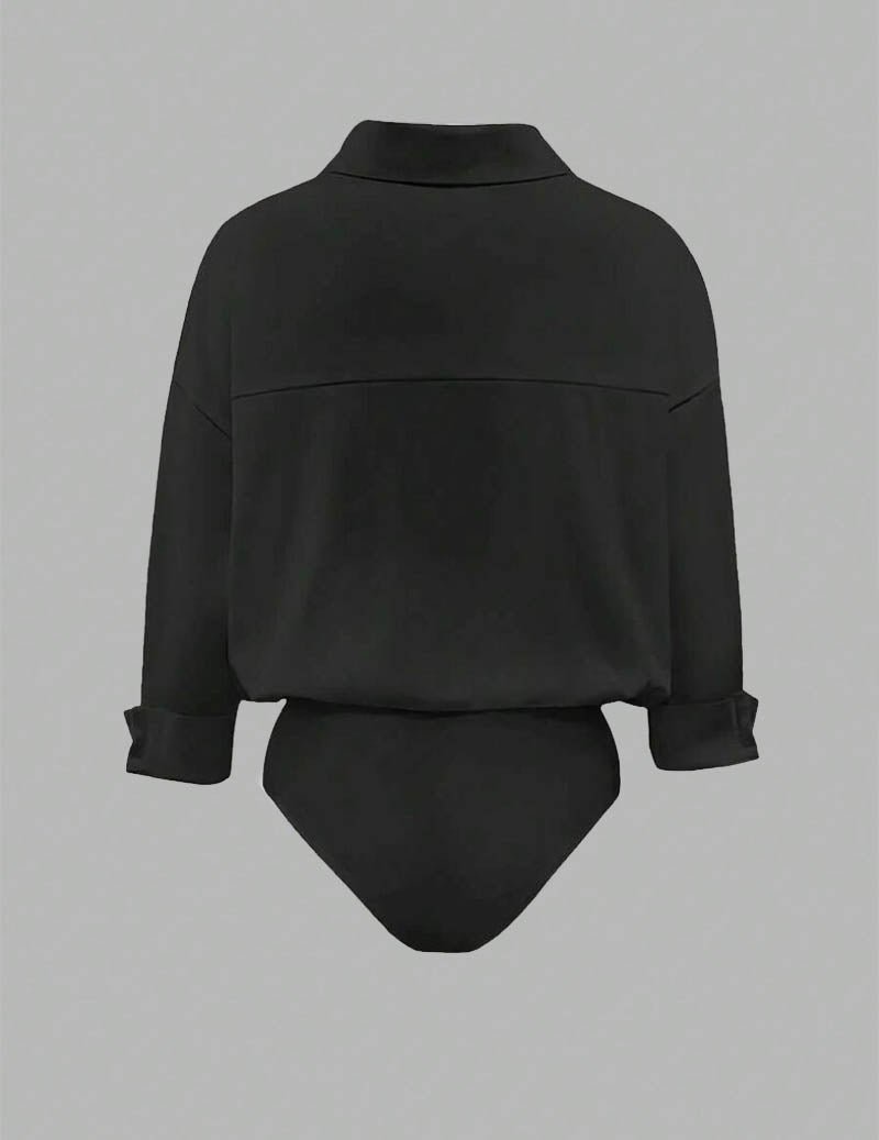 Navy blue long sleeve draped collared bodysuit for women, ideal for a sophisticated work outfit.