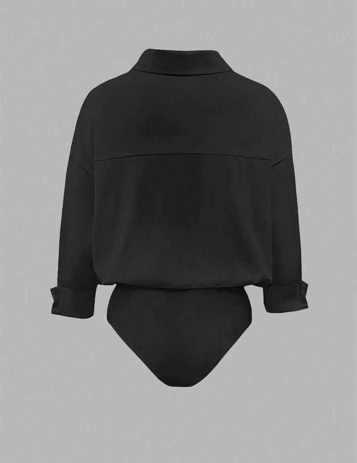 Navy blue long sleeve draped collared bodysuit for women, ideal for a sophisticated work outfit.