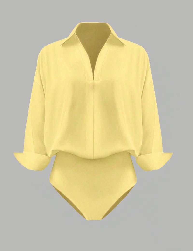 Black women's draped collared bodysuit, long sleeve, versatile smart casual or office wear.