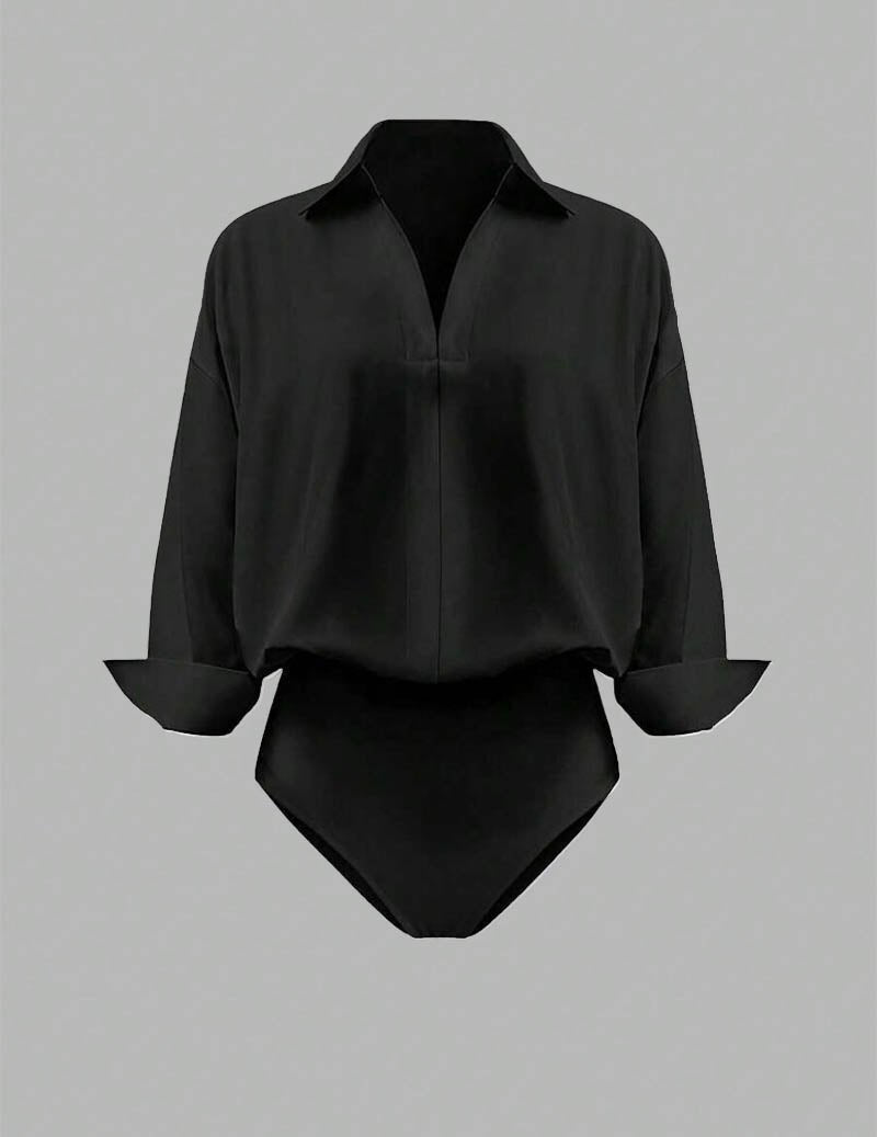 Stylish yellow long sleeve bodysuit with draped collar, ideal for a smart casual or elegant outfit.