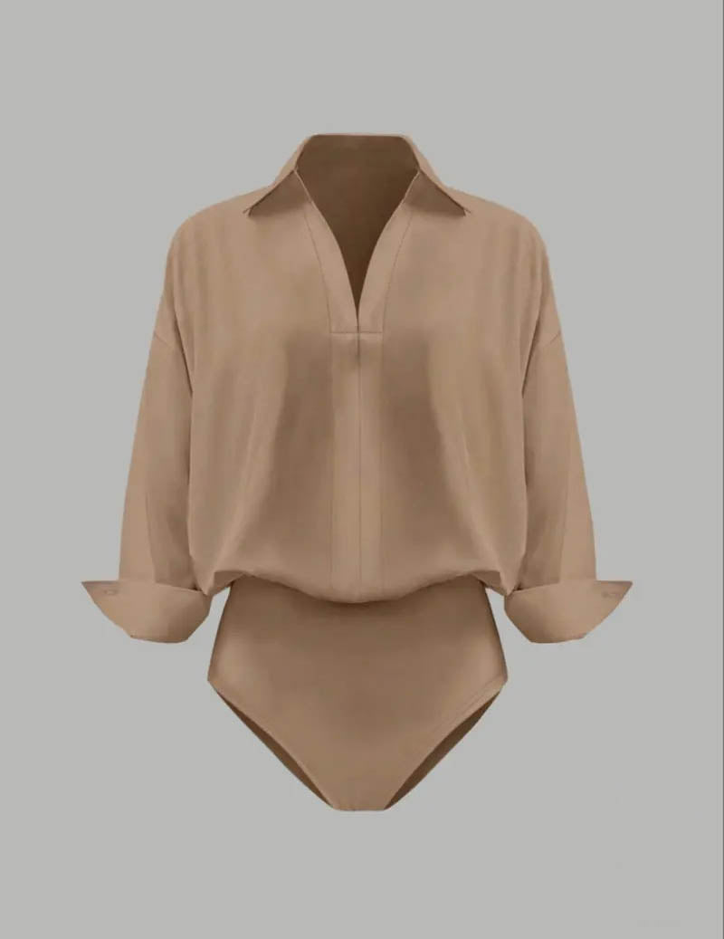 Khaki women's collared bodysuit, draped design, long sleeves, great for versatile professional fashion.