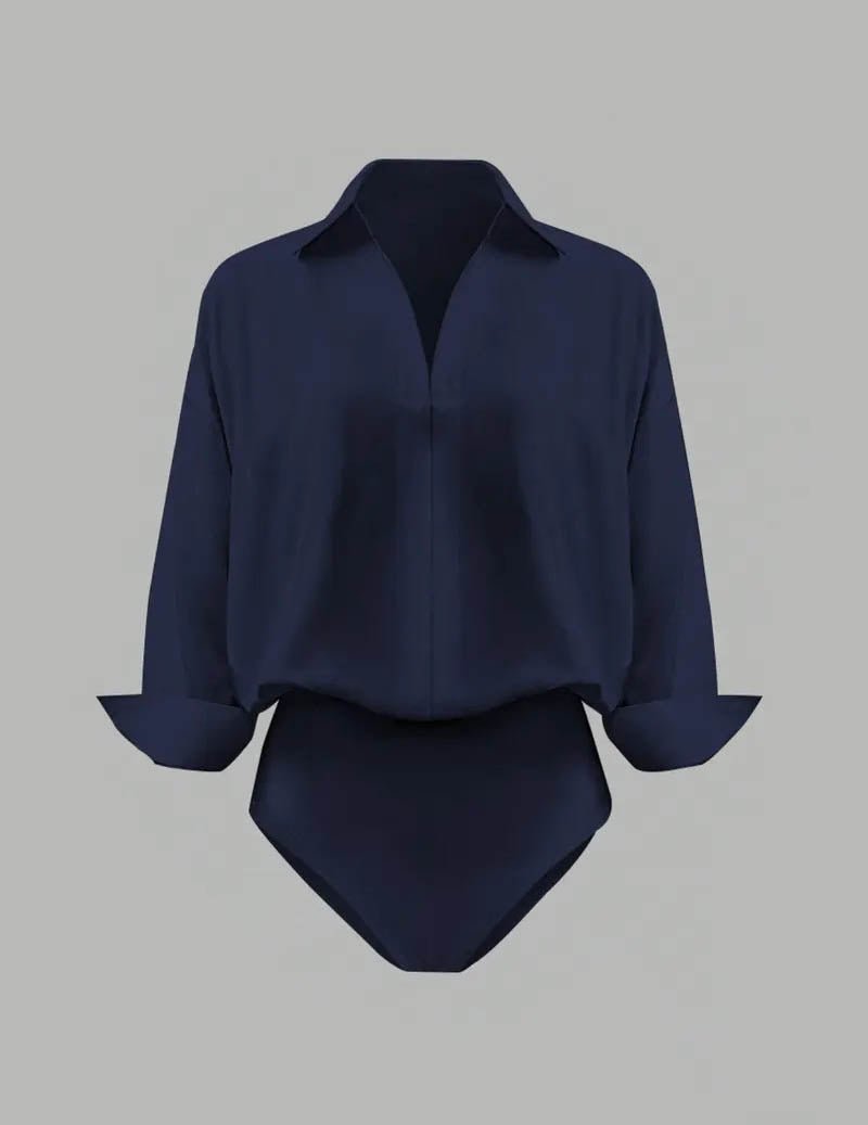 Navy blue long sleeve draped collared bodysuit, women's polished elegant workwear.