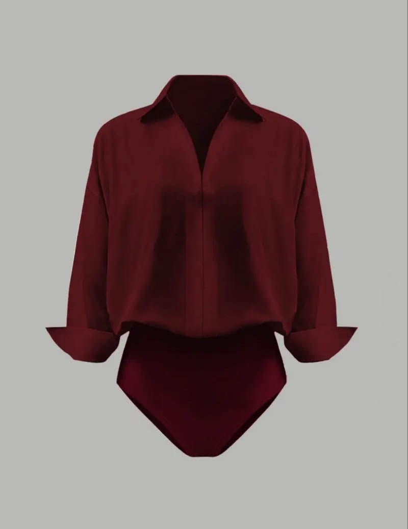 Wine red women's elegant bodysuit, draped collar, long sleeve, perfect for a polished style.