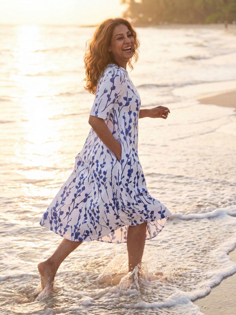 Women's elegant white floral midi dress with A-line silhouette, short sleeves. Ideal for day or casual wear.